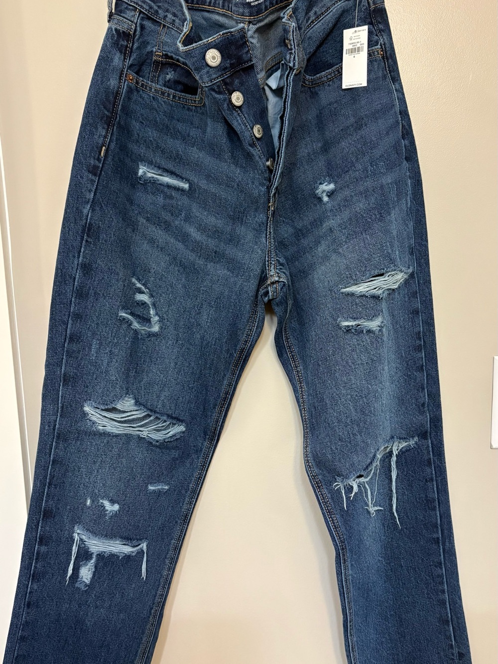 Old Navy Distressed Dark Blue High Rise slouchy straight jeans